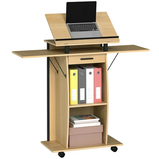 HOMCOM Suport de Podium cu Role, Pupitru cu Aripi Laterale Pliabile, Măsuță pentru Laptop cu Sertar și Rafturi, Stejar | Aosom Romania