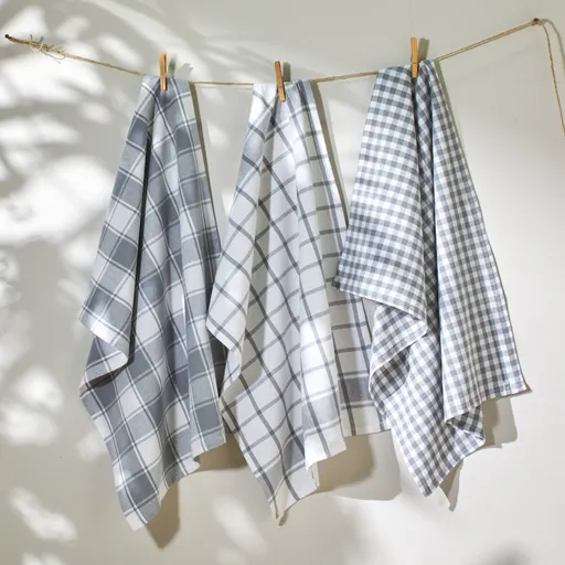 Set de 3 prosoape de bucătărie cu imprimeu în carouri, fibre vopsite, gri