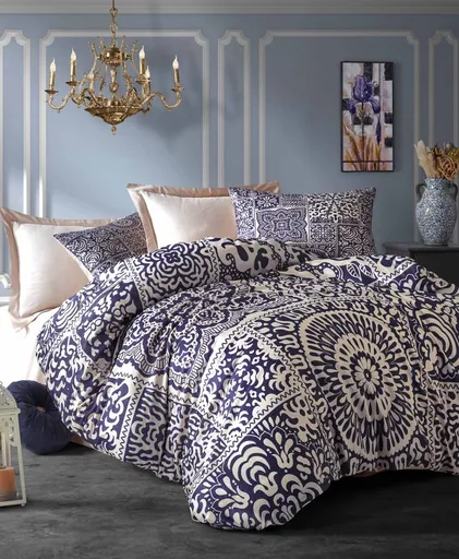 Lenjerie de pat pentru o persoana, L'essentiel Maison, 484, Albastru închis / Crem