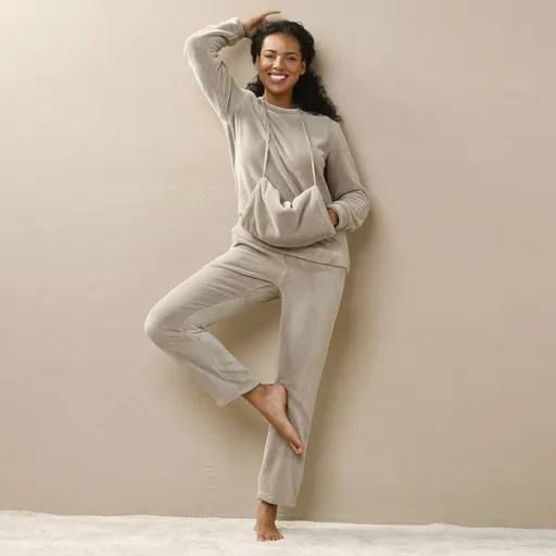 Pijama unicolor din fleece cu pantaloni, cu mânecă