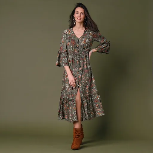 Rochie lungă imprimată cu nasturi și mâneci tip pagoda 3/4