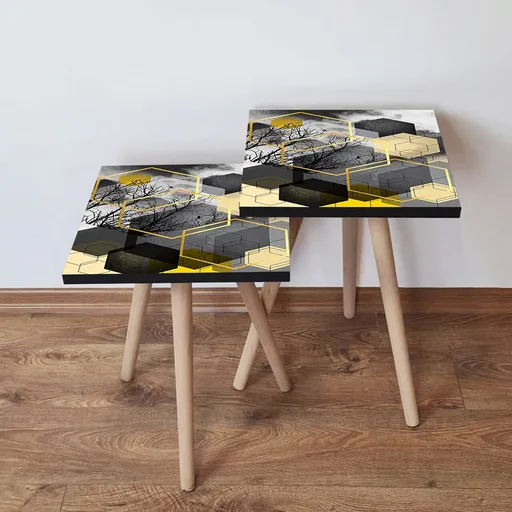 Set masute 2 piese, Hanah Home, 2Shp162, Negru / Auriu / Bej / Gri