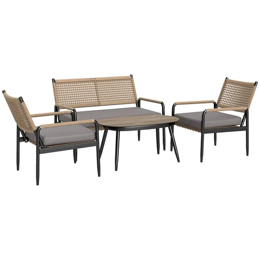 Outsunny Set de mobilier de grădină din rătan Set de lounge cu canapea dublă, fotoliu, masă cu geam, perne pentru 4 persoane, Gri închis+Galben | Aoso