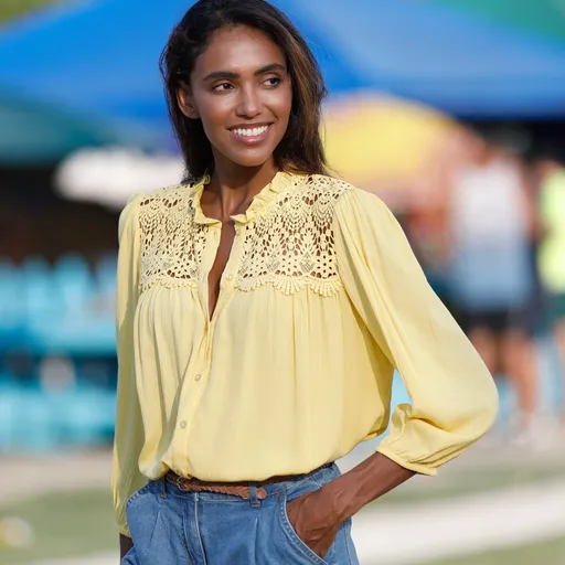 Bluză cu nasturi, macramé și volane