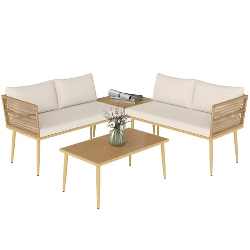 Outsunny Set Mobilier de Grădină din 4 Piese cu 2 Canapele și 2 Măsuțe de Cafea, 116x65x70 cm, Alb Crem | Aosom Romania