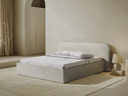 Pat tapitat cu somiera rabatabila si lada depozitare, 200x200 cm, Micadoni Home, Elizabeth-260, tesatura boucle, gri bej melange