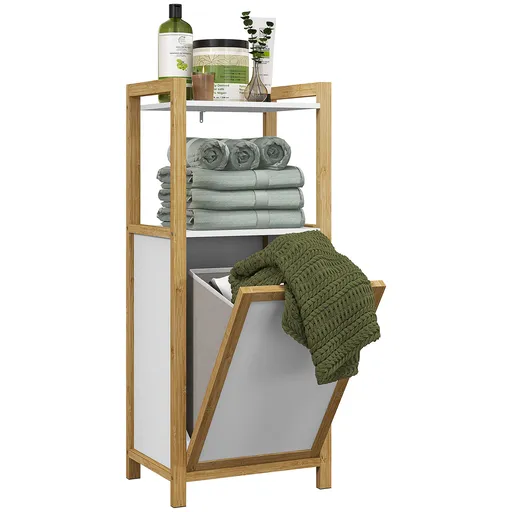 HOMCOM Mobilier pe picioare din bambus coș pentru rufe baie economisire de spațiu, 2 rafturi, dim. 40L x 30l x 86,5H cm | Aosom Romania