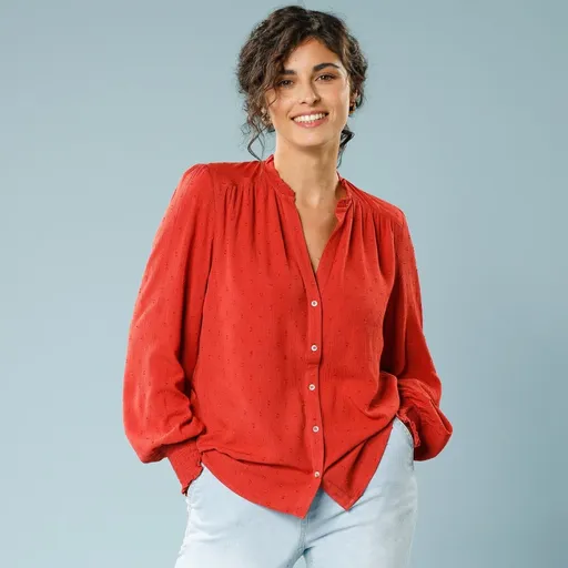 Bluză cămașă de culoare solidă din crep brodat, pentru siluetă mică