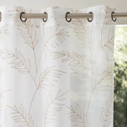 Perdea voal cu broderie de frunze și garnitură cu ochiuri