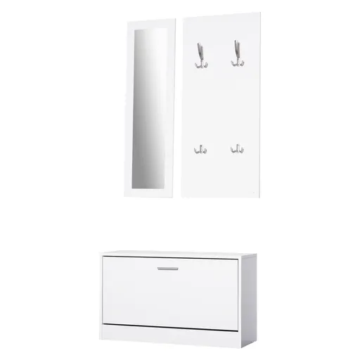 HOMCOM Set 3 Piese Suport pantofi Suport haine Oglinda pentru Hol sau Dormitor, din Lemn, 80x27x46,5cm, Alb | Aosom Romania