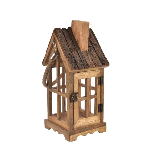 Felinar din lemn de mango cu scoarță InDecor, 19x 17 x 40 cm
