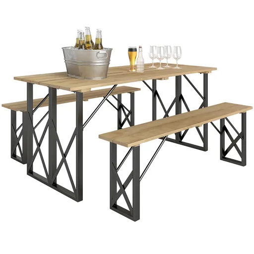 Outsunny set masă și bănci din lemn pentru 6-8 persoane, 160 cm, cu orificiu pentru umbrelă de 5 cm, design durabil,  maro | Aosom Romania