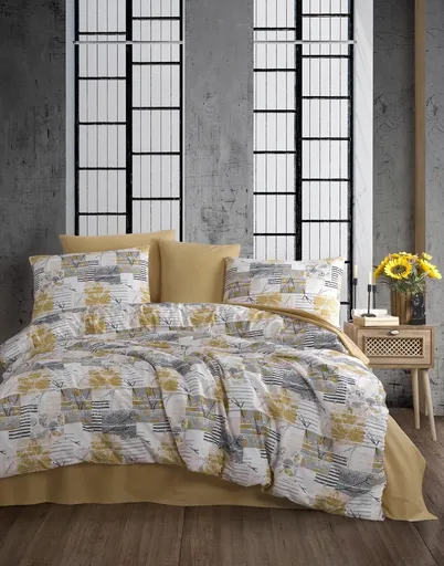 Lenjerie de pat pentru o persoana, L'essentiel Maison, Serra, Galben / Alb / Gri