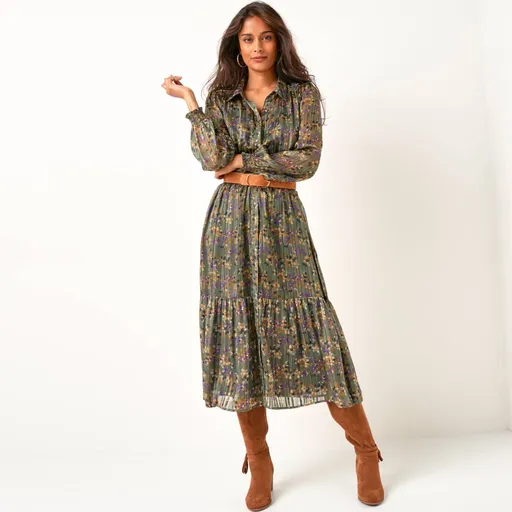 Rochie lungă din voal cu imprimeu și fire metalice