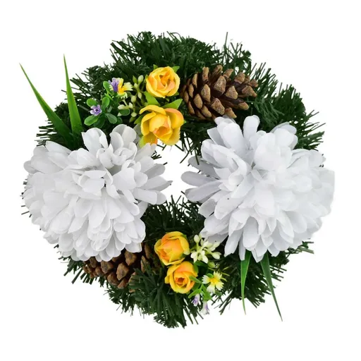 Coroană funerară Crizanteme albe, 20 cm, alb