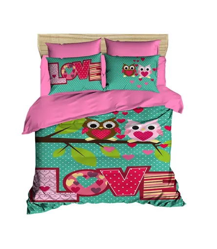 Lenjerie de pat dubla King (EU) (ES), 3 piese, L'essentiel Maison, 213, Pink / Turquoise / Green