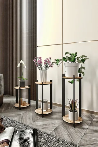 Suport din lemn pentru plante, Hanah Home, Flower Desk Round, Stejar