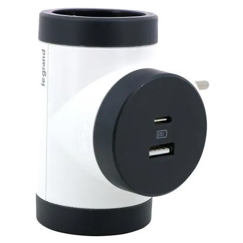 Adaptor priza iesiri laterale Premium rotativ 2x 2P+T 16A si USB A+C alb-negru Legrand 694522