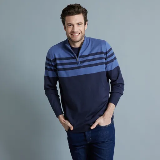 Pulover în dungi cu guler înalt cu fermoar, atingere de cașmir