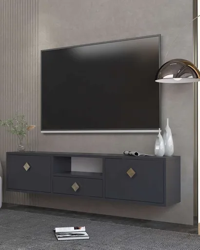 Comoda TV, Hanah Home, 1305-DROP-1, 140x30x30 cm, PAL , Antracit / Aur