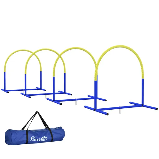 PawHut Set de Agilitate pentru Câini, Antrenament Câini, 4 arcuri, pentru începători, cu geantă de transport, albastru+galben, 88 x 64 x 95 cm | Aosom