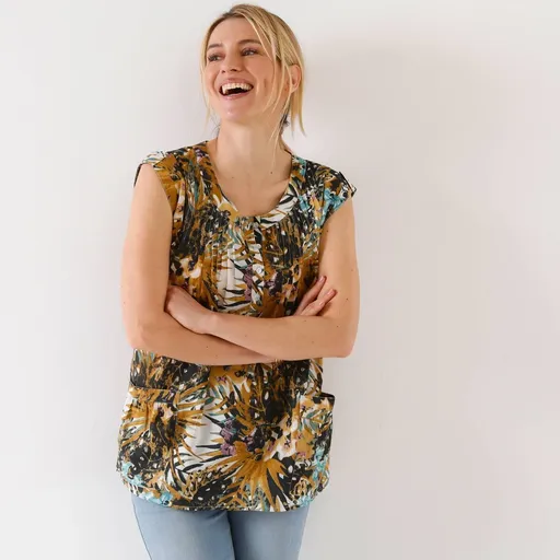 Tunică cu decolteu cu nasturi și imprimeu tropical