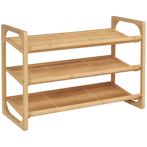 HOMCOM Suport pentru pantofi cu 3 niveluri, organizator de depozitare pantofi din bambus cu rafturi cu sipci, suport pentru pantofi ce poate sustine p