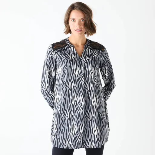 Tunică cu dantelă pe umeri și imprimeu