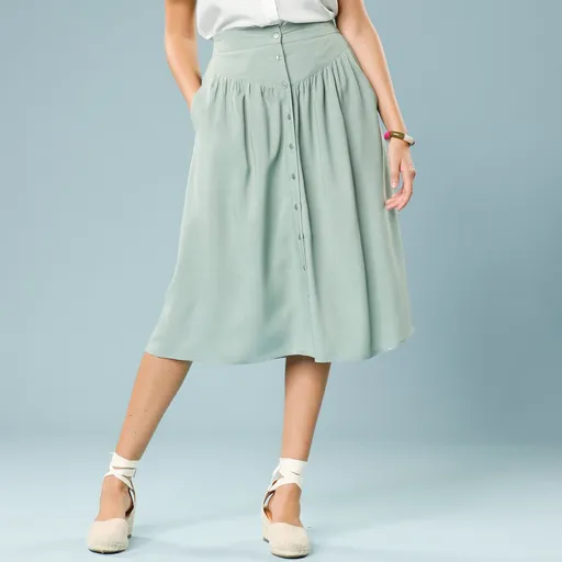 Fustă midi de culoare solidă cu nasturi, pentru siluetă mică