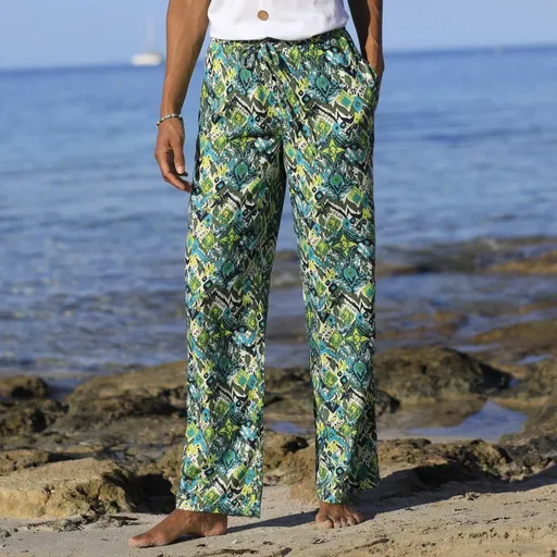 Pantaloni aerisiți cu picior lat, cu talie elastică și imprimeu