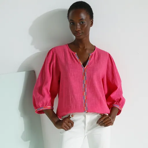 Bluză cu broderie din bumbac de culoare solidă