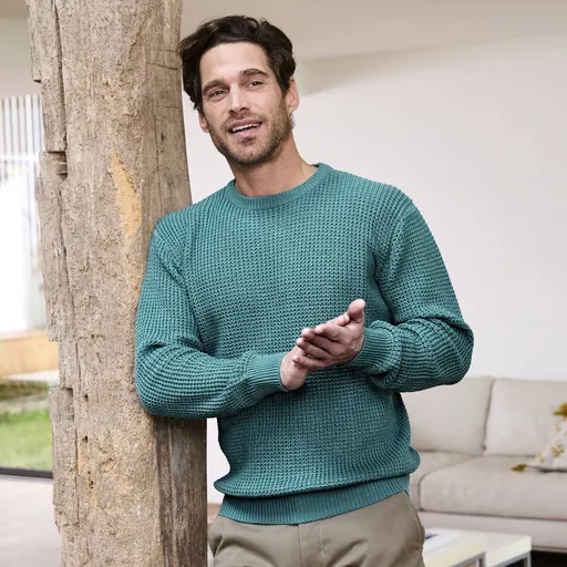 Pulover cu guler rotund și model waffle