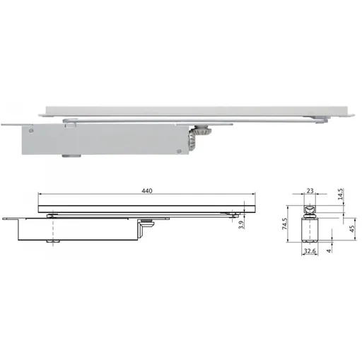 Amortizor cu sina cu glisare G-U KIT_VTS 634 ingropat in canatul usii cu blocator, linitator si surub