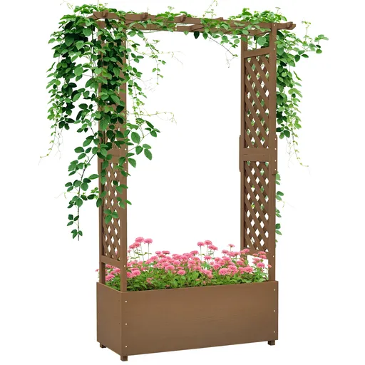 Outsunny Jardinieră cu treillis și arc, ghiveci pentru flori cu gaură de drenaj pentru plantă agățătoare, 112 x 41 x 180 cm, maro | Aosom Romania