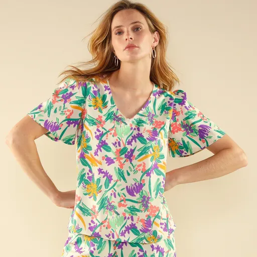 Bluză cu decolteu în V cu imprimeu