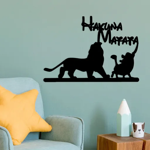 Decoratiune de perete, Hakuna Matata Lion And Piggy, Dimensiune: 58 x 1,5 x 39 cm, Negru