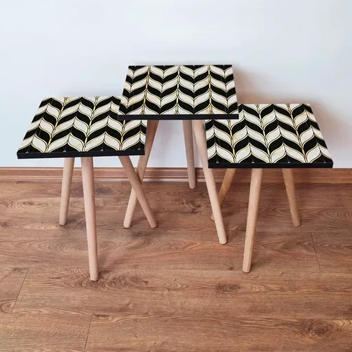 Set masute 3 piese, Hanah Home, 3Shp130, Alb / Negru / Auriu