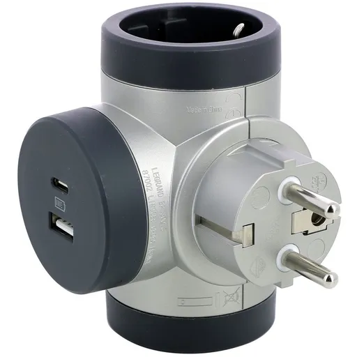 Adaptor priza iesiri laterale Premium rotativ 2x 2P+T 16A si USB A+C aluminiu Legrand 694524
