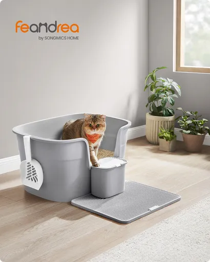 Litiera mare pentru pisici, Feandrea,  cu margini inalte, tava de colectare si spatula, 64x44x33 cm, plastic, gri