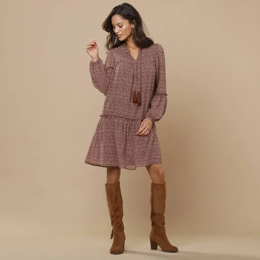 Rochie evazată din voal cu imprimeu