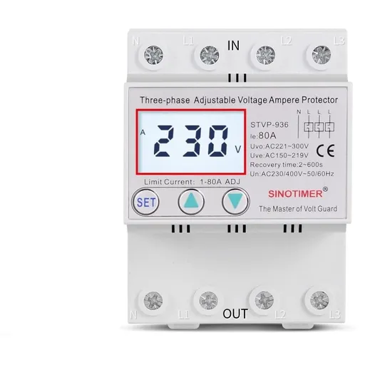 Releu trifazic siguranta digitala de protectie tensiune, Sinotimer, 380V, 1- 80A, recuperare automata, STVP-936-80A