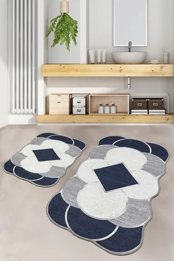 Set covorase de baie, L'essentiel Maison, Corte, Poliester, Albastru închis / Gri / Alb