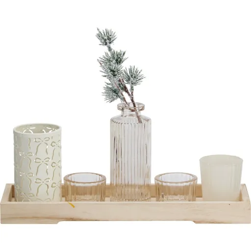 Set de sfeșnice pe tavă din lemn Winter Time, 6bucăți, 10,5 x 32,5 cm