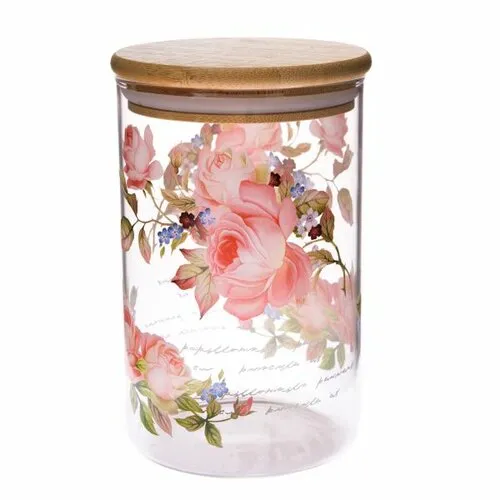 Doză din sticlă cu capac din bambus Rose, 840 ml, L