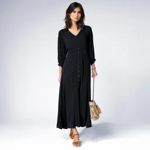 Rochie creponată lungă de culoare solidă cu nasturi