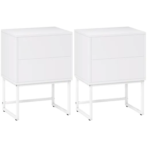 HOMCOM Set de 2 Noptiere Înguste cu 2 Sertare Deschidere la Presiune și Picioare din Oțel 40x30x55 cm Alb | Aosom Romania