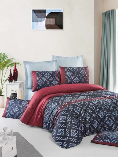 Lenjerie de pat dubla, L'essentiel Maison, Leena, Roșu / Negru / Albastru deschis