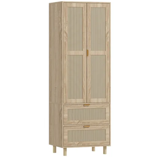 HOMCOM Dulap de dormitor cu 2 uși din ratan, 2 sertare și bară de agățat, 63 x 47 x 185 cm, lemn natural | Aosom Romania