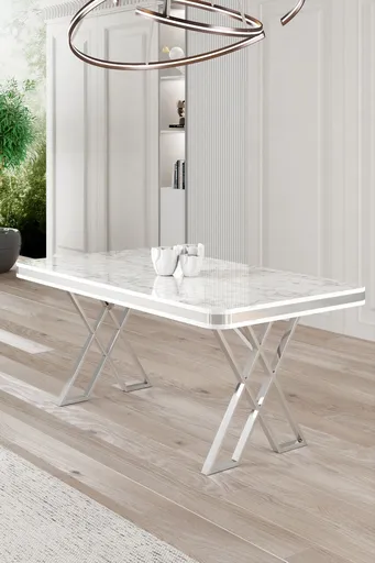 Masa, Hanah Home, Vals, 130x74x80 cm, Marmură albă / Crom