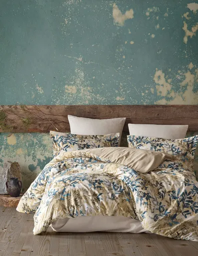 Lenjerie de pat dubla, L'essentiel Maison, Cinque Terra, Bej / Crem / Albastru închis